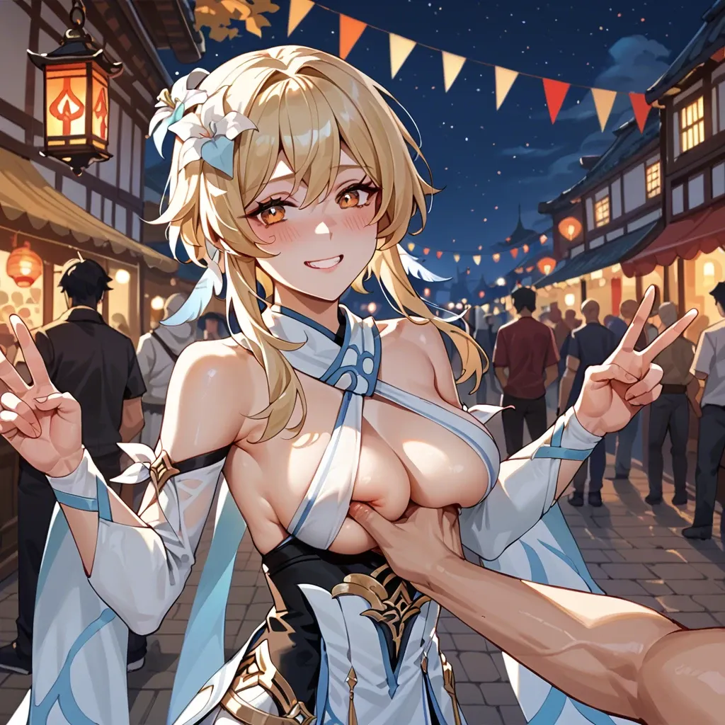 Lumine from Genshin Impact, above view, smiling, peace sign,night time, in the streets of liyue,festival of liyue "lantern rite" is happening, first person, boob grab, blushing a ton, , inocent cute excited face, blowjob,crowd watching , night time,  dressed with her normal clothing, , cute face expression, first person, men doesnt appear in the image