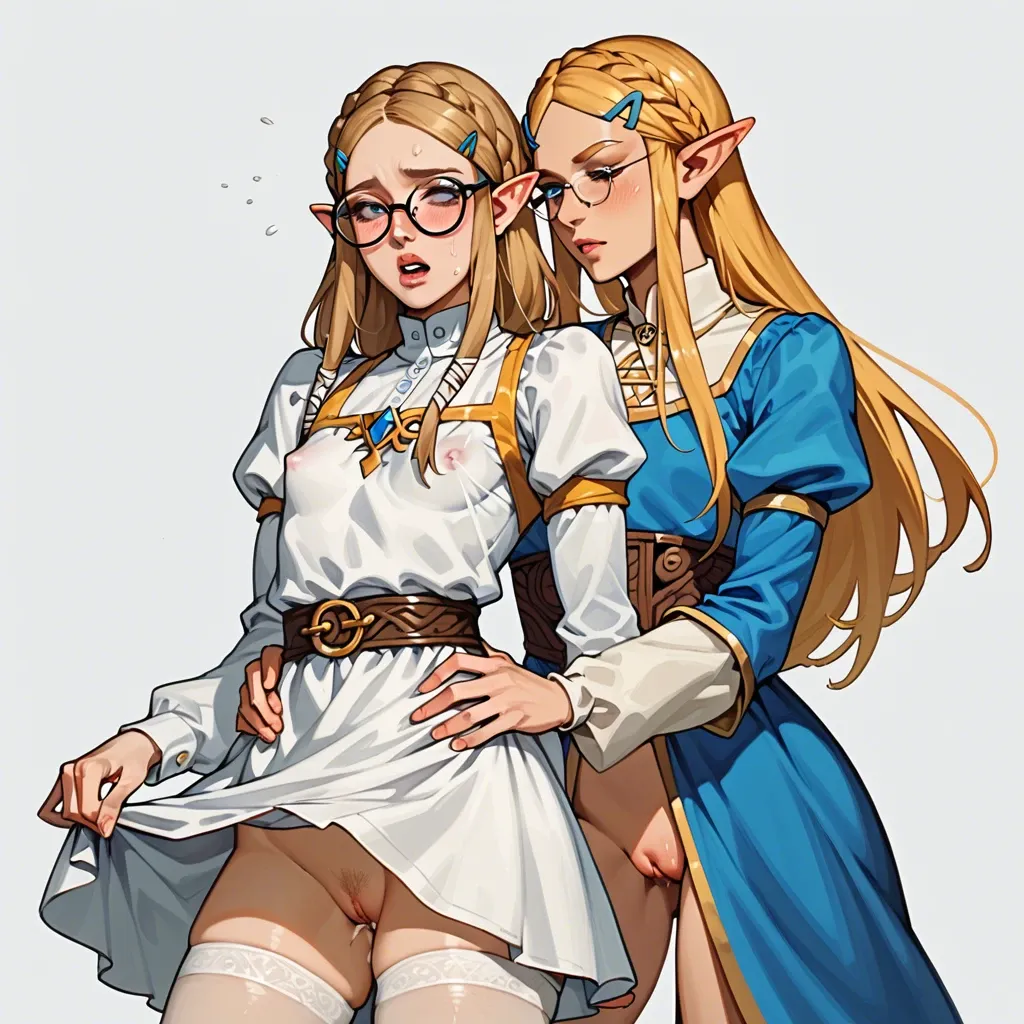 2girl, , , , flat chest, thighhighs,circle glasses, medieval dress, princess zelda, erect nipples, lesbian