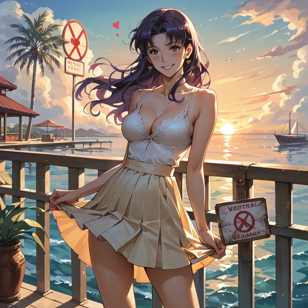 Misato Katsuragi, naughty smile, natural size 46 chest, pleated dress with cleavage, sign of a heart with her hands, dress lifted by the wind, , standing on a terrace of the mediterranean coast, sunset, colorfull scene