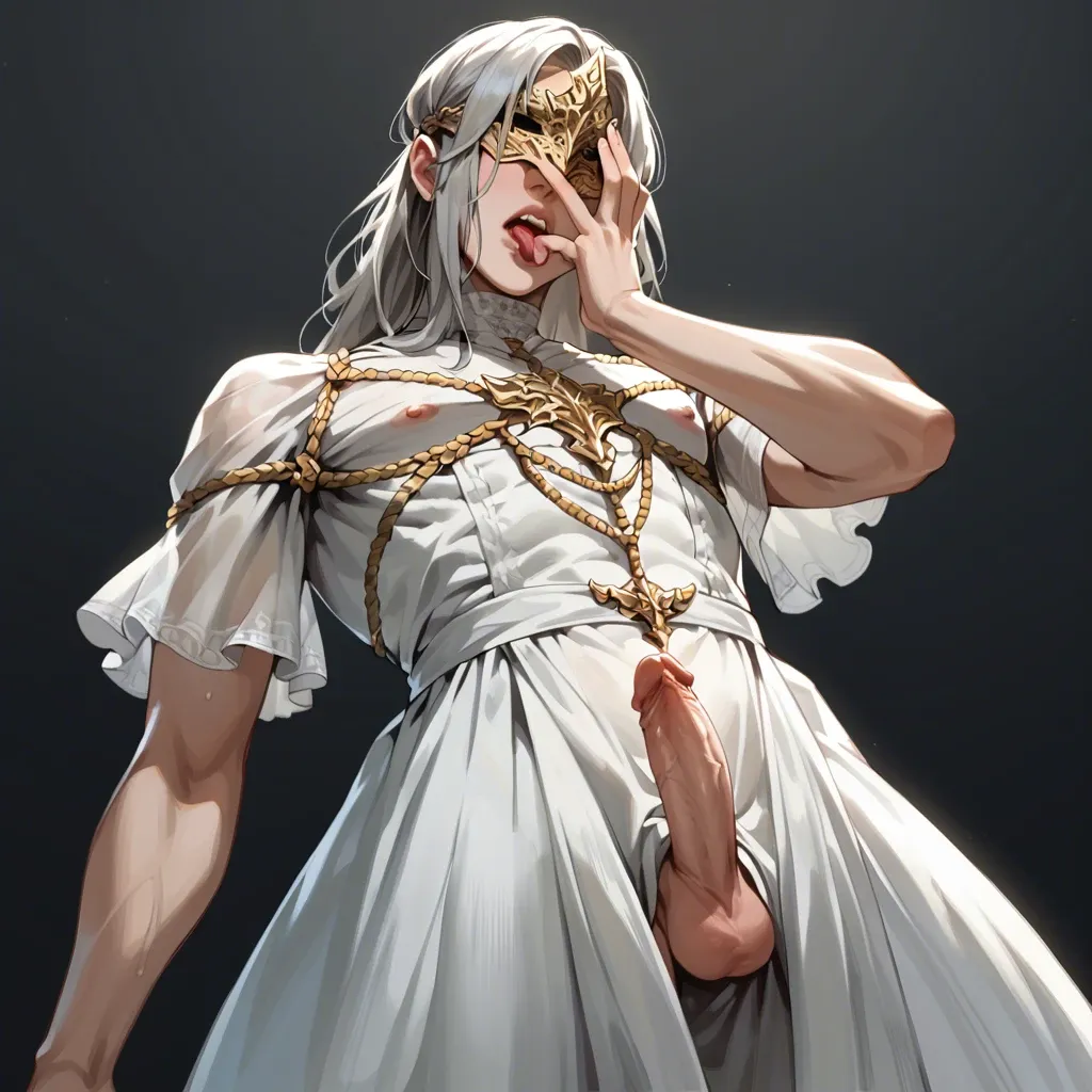 1femboy,Gwyndolin, dark souls, close low angle ,gay , gray hair, femenine body,dick surprise, curvy,pretty boy, Golden mask ,finger licking, covering eyes, teenager, skinny, showing cock under dress,light-skinned, provocative lips,white dress,standing,provocative lips,