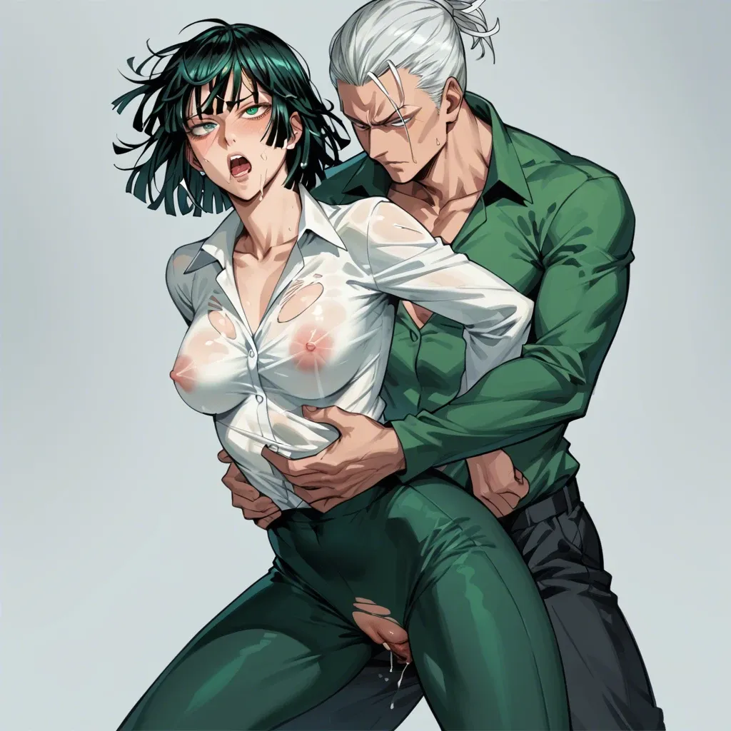 Fubuki (one punch man) fully clothed having her boobs grabbed by a man standing behind her