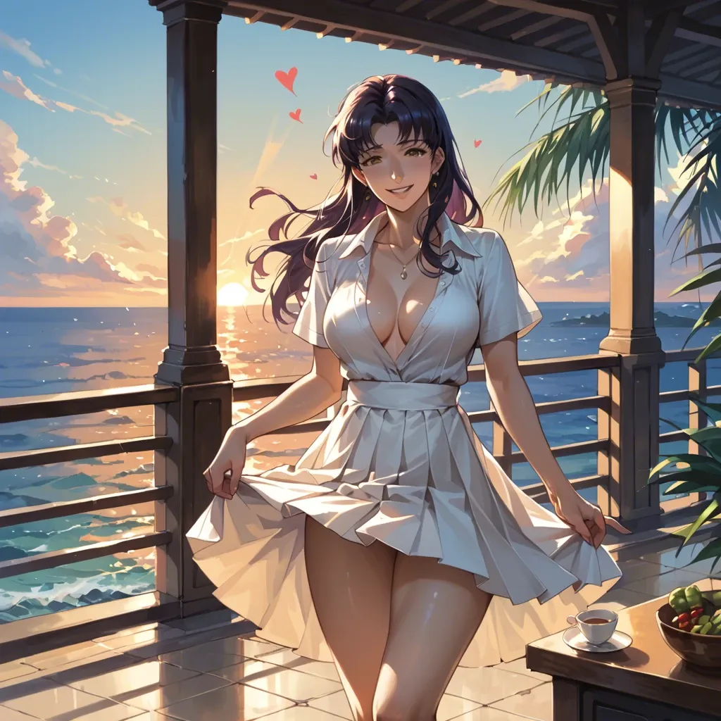 Misato Katsuragi, naughty smile, natural size 46 chest, pleated dress with cleavage, making a heart with her hands, dress lifted by the wind, , standing on a terrace of the mediterranean coast, sunset, colorfull scene