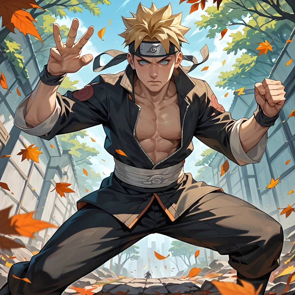 Naruto Uzumaki, spiky blonde hair, blue eyes, wearing an orange and black jacket, black pants, forehead protector worn as a headband, determined expression, performing ninja hand signs, dynamic pose, training environment, surrounded by leaves, anime style, bright colors.