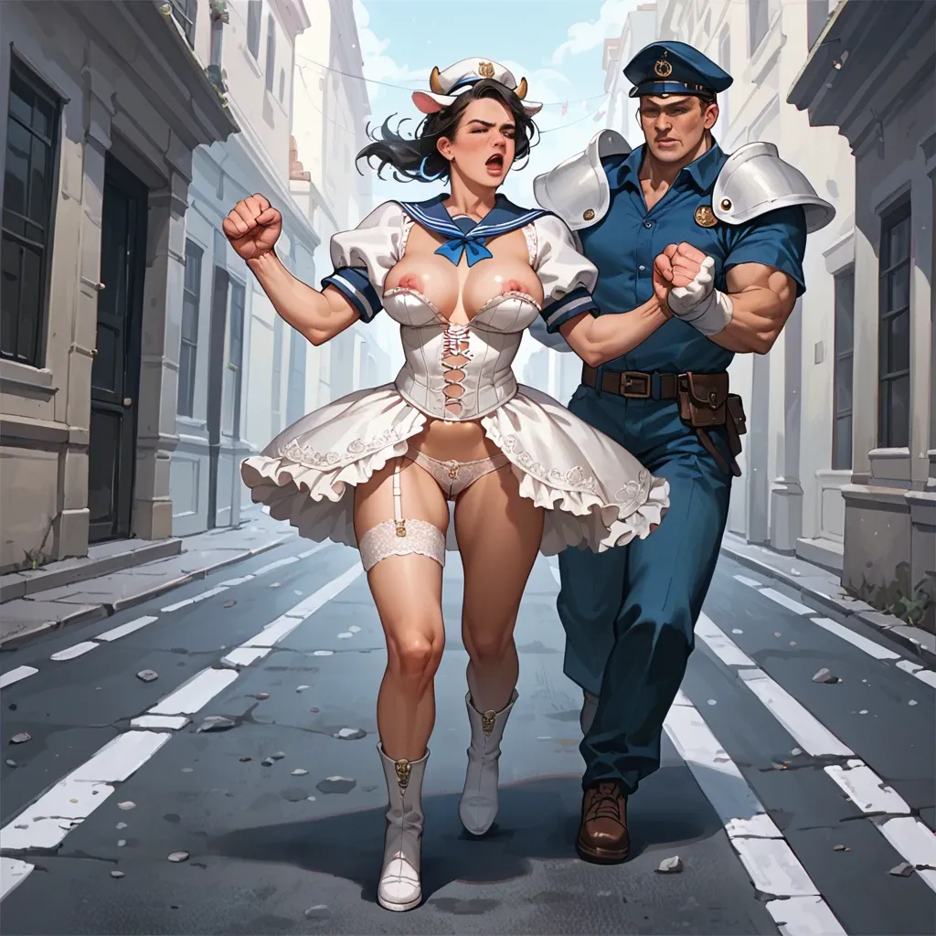 1girl,1boy, , , , clenching,big hands,areola slip,belly,shoulder pads, glittery dress,socks,lace panties,panties,white boots, cow costume,lace lingerie,sailor hat,panties down,running shoes, bathroom, subway, cyberpunk, sailor collar, hyper-detailed, dark skin man, miku