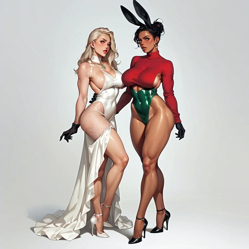 2girl, , , , very thick lips,tippy toes,boob areola,rabbit,tanned skin, red sweater,fishnet,necklace,highleg panties,high heels, white dress,white lace,black gloves,green swimsuit,armored boots, sweater,knee-high socks,laurel crown,bra,heels, bare chest, daphne blake, throne room, phone exposure, super mario, spider-gwen