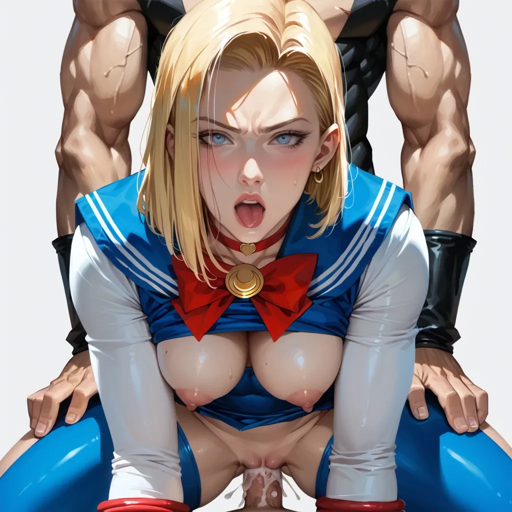 Android 18 fucking vegeta from behind (dragon ball z), realistic, eye contact, front view, costume, creampie, sailor moon