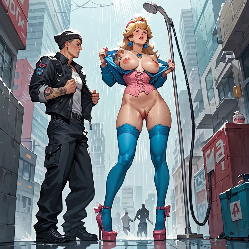 1girl,1boy, , , , twitching,tattooed arms,big tits,thin waists,skinned, undressing,blue stockings,beanie,corset,heels, showering, city, cyberpunk, princess peach, waifu