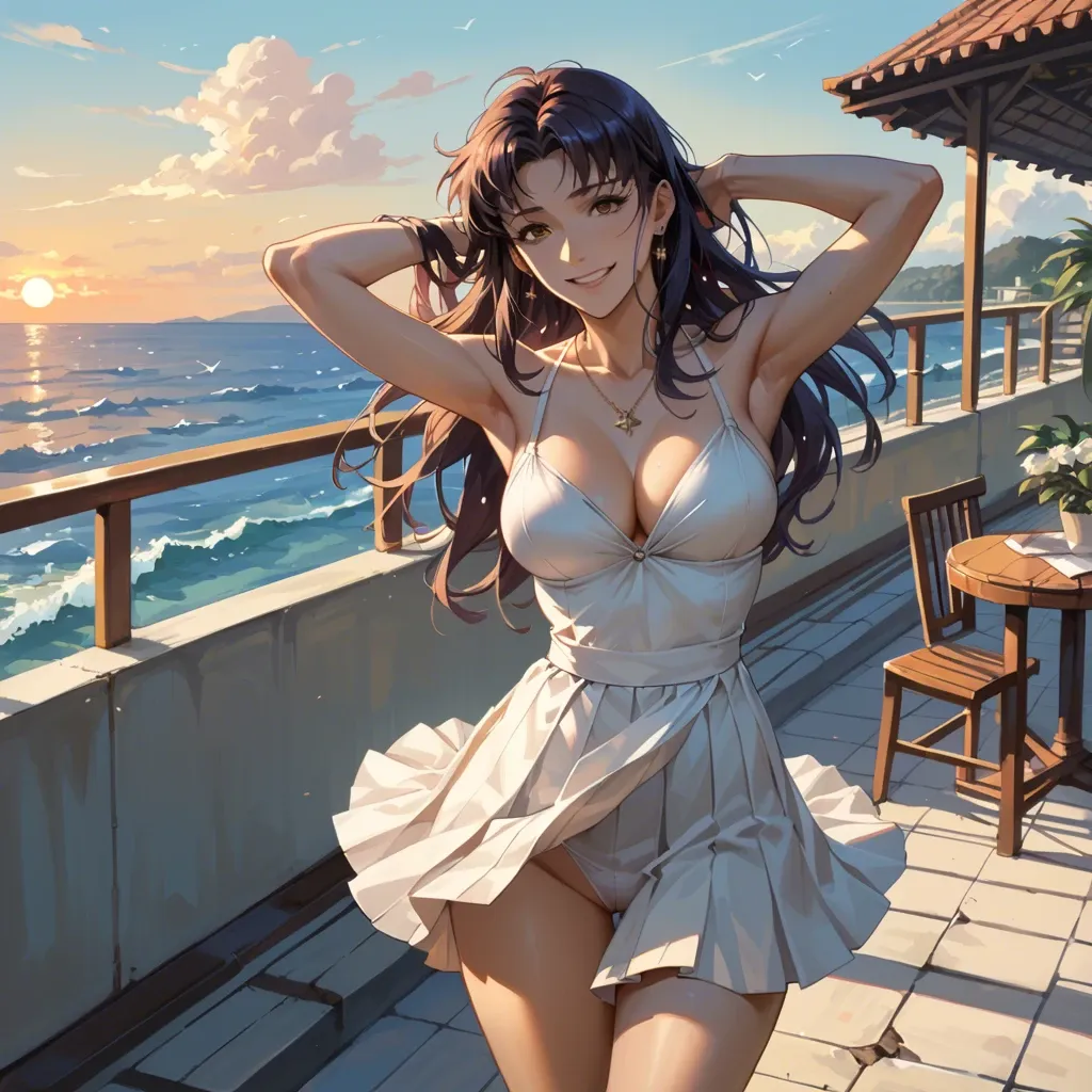 Misato Katsuragi, naughty smile, natural size 46 chest, pleated dress with cleavage, hands behind her head, dress lifted by the wind, , standing on a terrace of the mediterranean coast, sunset, colorfull scene