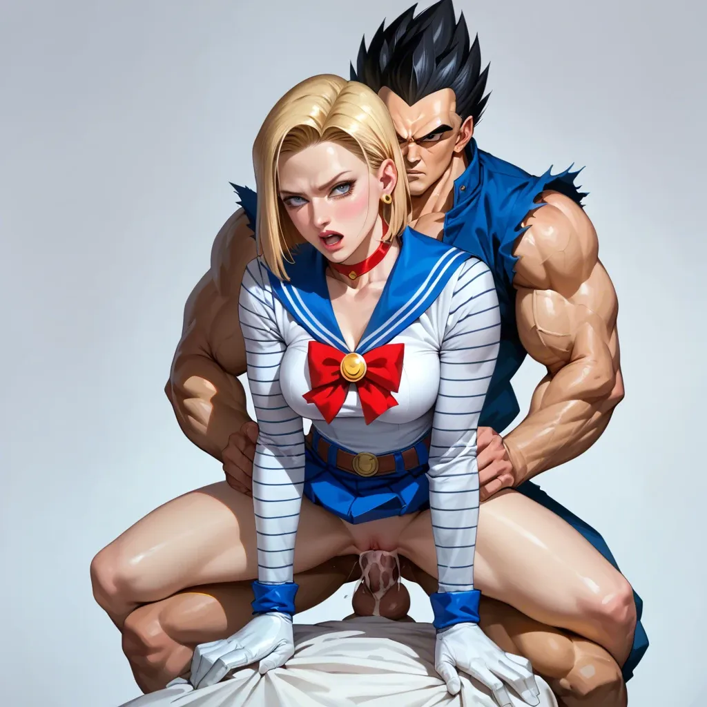 Android 18 fucking vegeta from behind (dragon ball z), realistic, eye contact, front view, costume, creampie, sailor moon