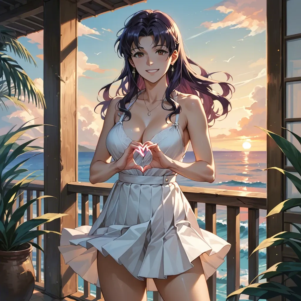 Misato Katsuragi, naughty smile, natural size 46 chest, pleated dress with cleavage, Heart Hands, dress lifted by the wind, , standing on a terrace of the mediterranean coast, sunset, colorfull scene