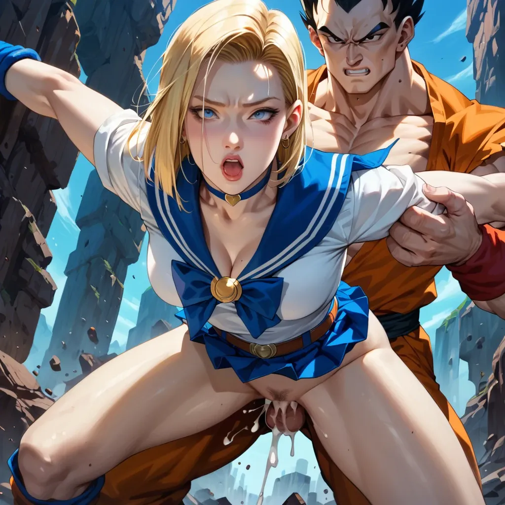 Android 18 fucking vegeta from behind (dragon ball z), realistic, eye contact, front view, costume, creampie, sailor moon