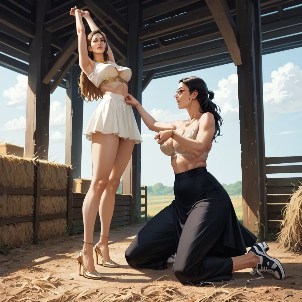 2girl, , , , stretching,monster feet,nipple tweak,farm background,anklets, white crop top,golden necklace,jewelry,beige bra,sneakers, lift skirt,lace lingerie,opaque glasses,black bodysuit,high heels, long dress,gold anklets,jewelry, nude, gothic boots, maebari, tavern, headphones, detailed skins, bright eyes, tifa, spider-gwen, waifu