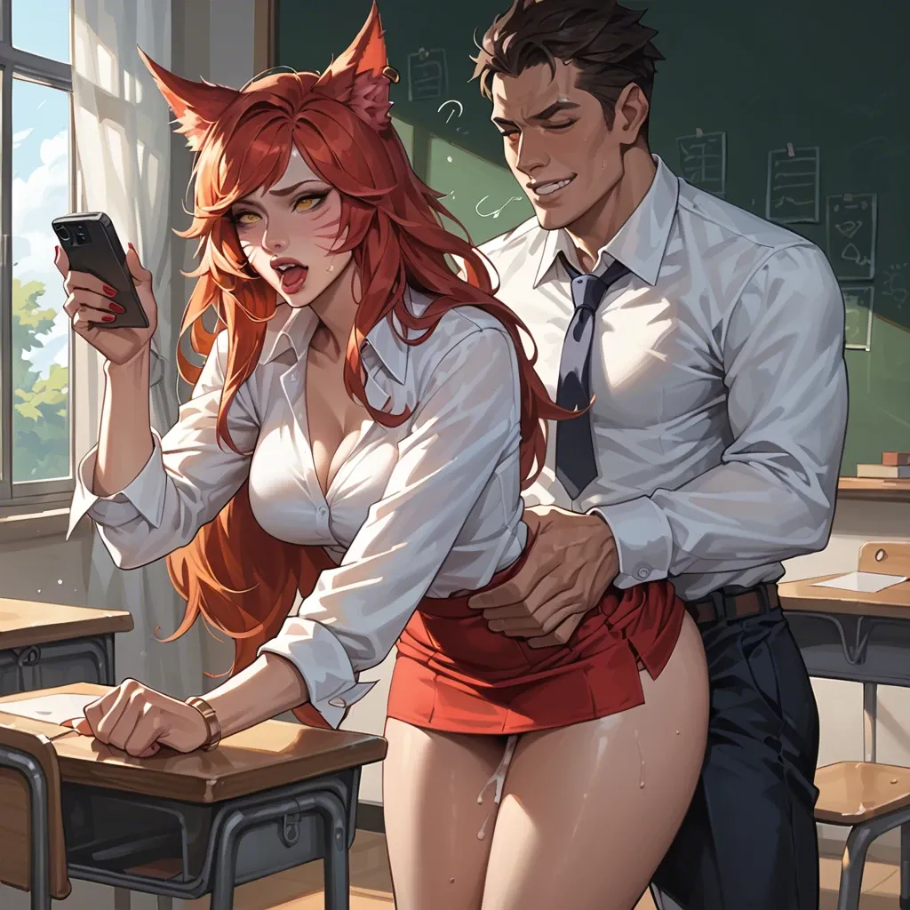 1girl1boy,,,,,league of legends, classroom, ahri,redhead,sex,fucked from behind,standing, skirt down, slutty face,scrolling on phone,