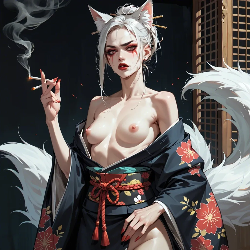 kitsune, petite, perky nipples, kimono, smoking a cigarette