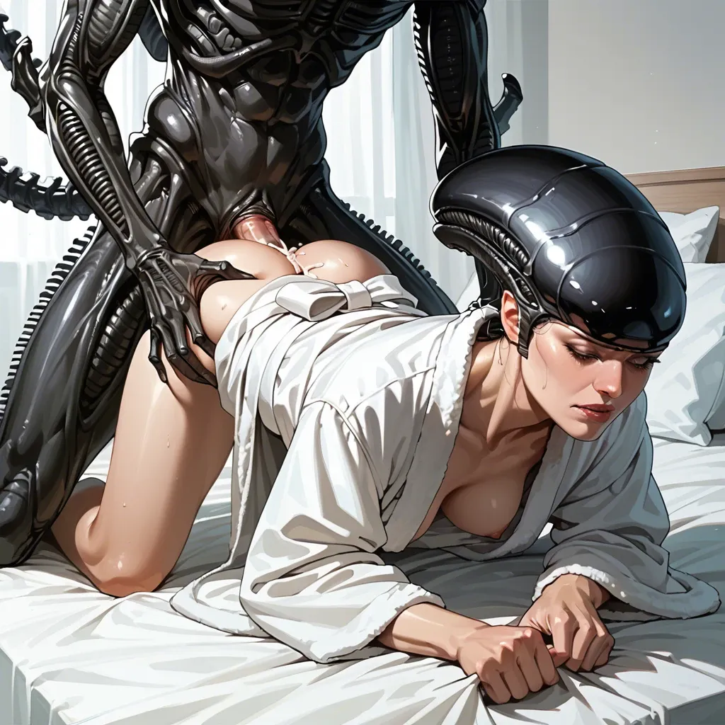 Xenomorph, woman, doggystyle creampie, bed,bathrobe,arms tied behind the back,