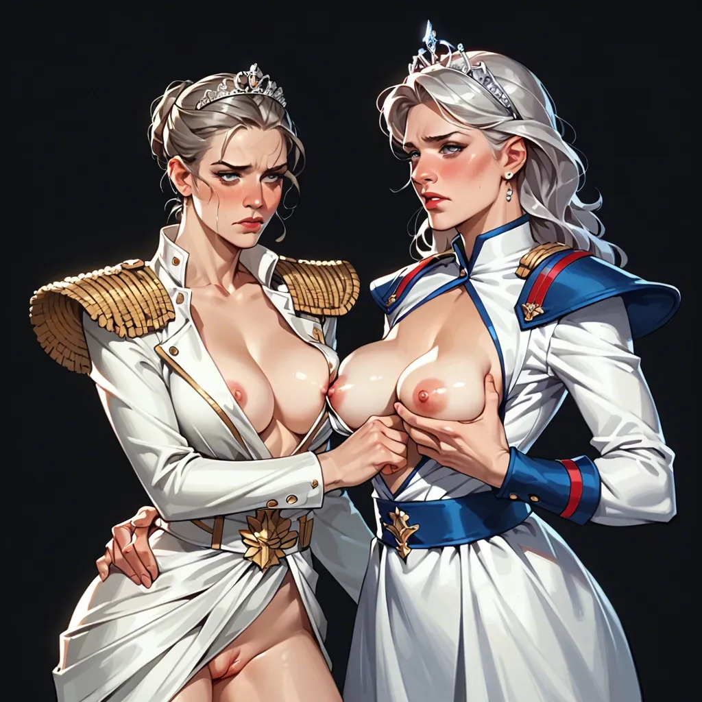 2girl, , , , nose,flashing pussy,areola slip,uncomfortable,skin blushing, touching pussy,in army uniform,perky boobs,pec squeeze,shoulder pads, silk gown,lacey,silver tiara,no bra,white sneakers, barely, daphne blake, cyberpunk, belle