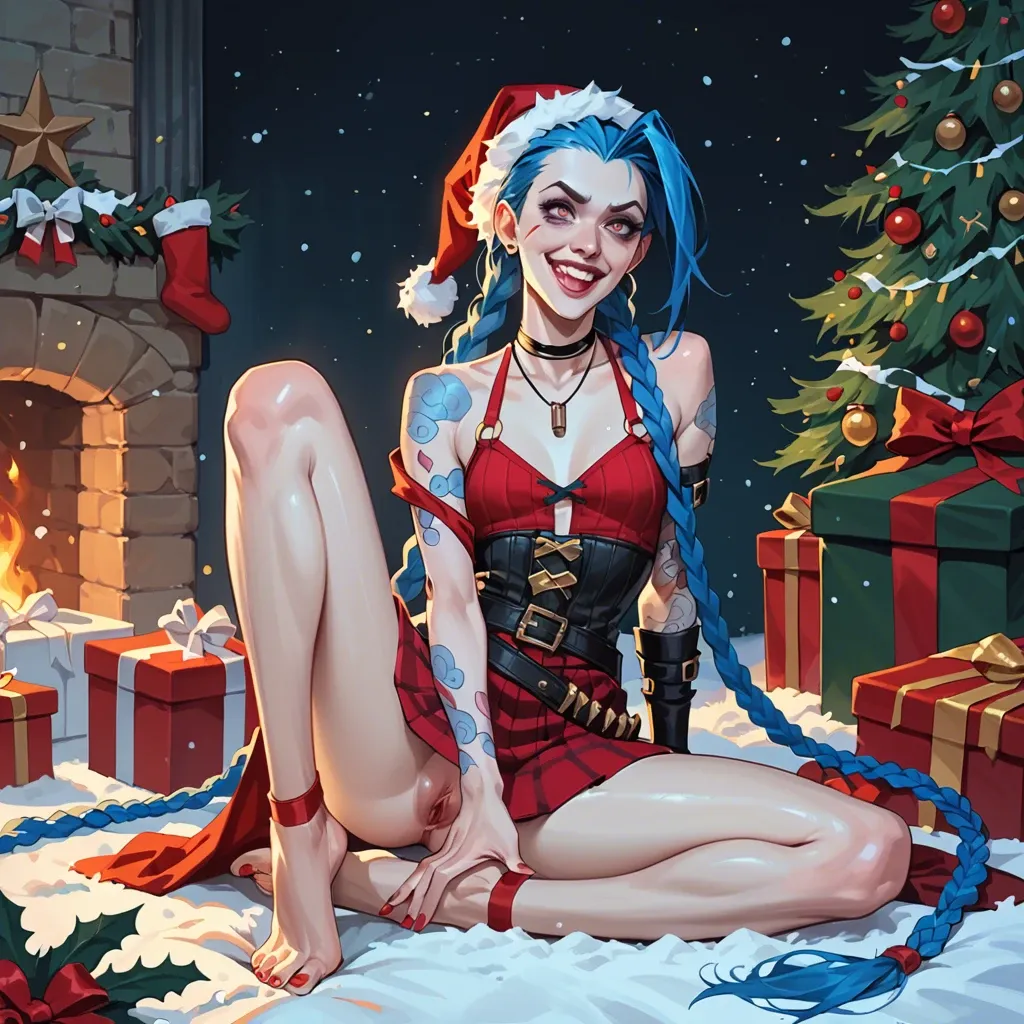 Jinx,league of legends,petite body,long legs,long blue hair,braids,dressed up,fully clothed,Christmas,netflix arcane show,happy