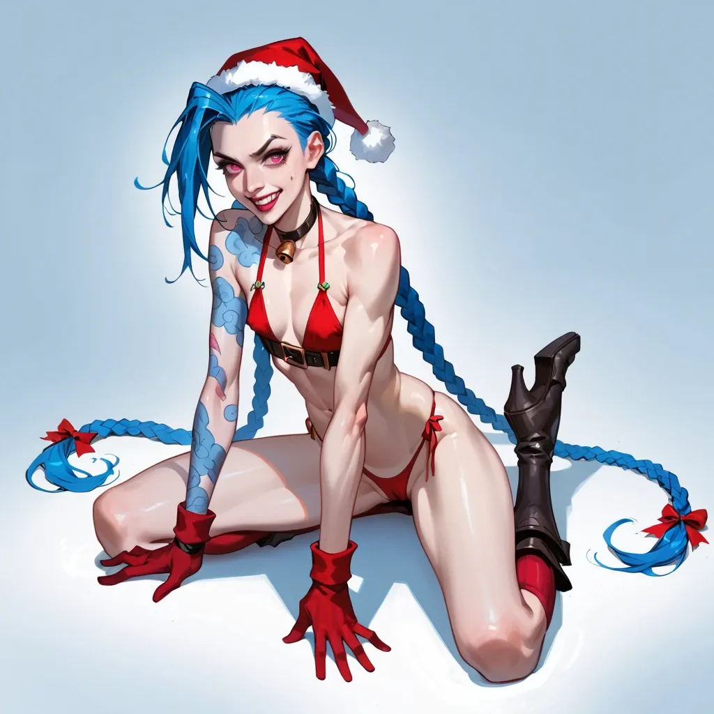 Jinx,league of legends,petite body,long legs,long blue hair,braids,shining pink eyes,Christmas