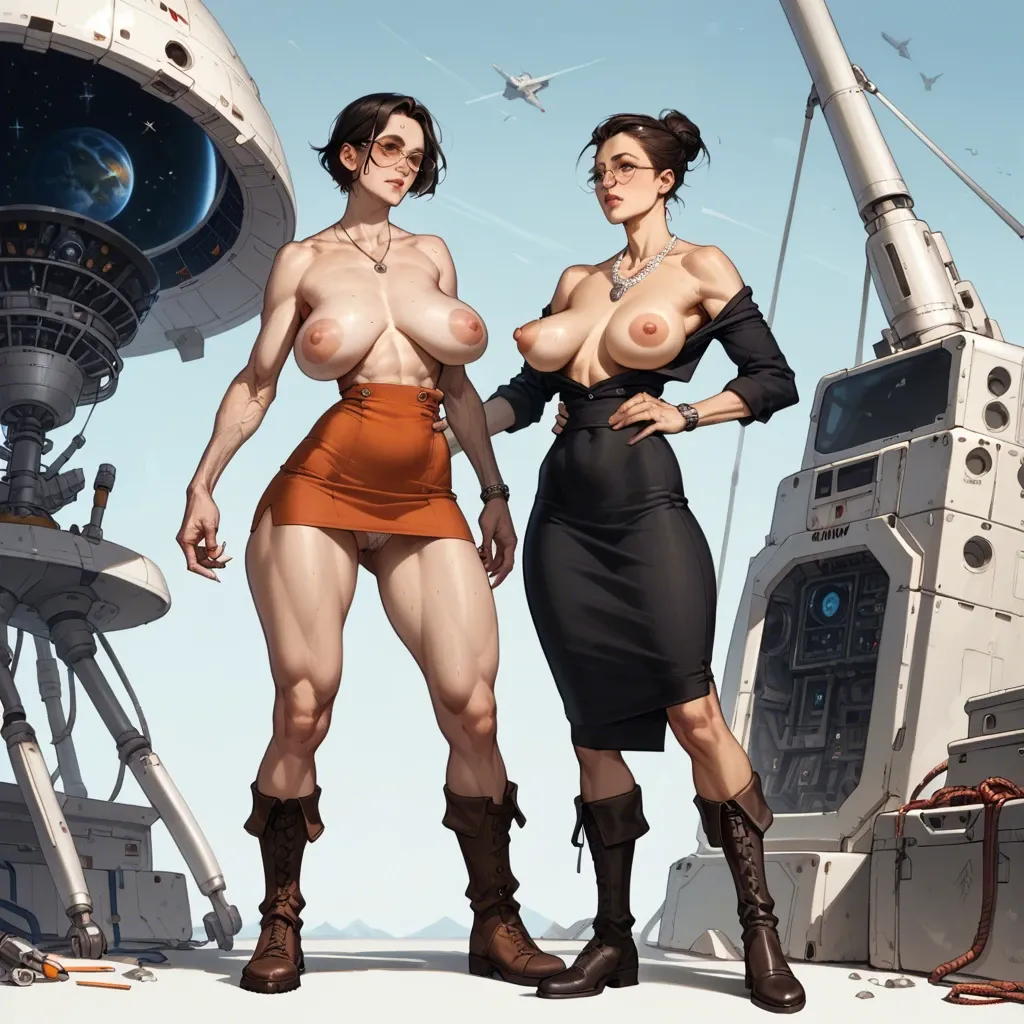 2girl, , , , round eyewear,thin ankle,saggy breasts,space ship,standing behind, jawline,veiny arms,big areolas,waist grab,wide shoulders, pencil skirt,necklace,beaded jewelry,panties on,brown boots, pink skirt,thighhighs,blue choker,bikini,high heels, undress,gold anklets,fishnet gloves,lingerie,heels, bedroom eyes, city, blue collar, android 18, super mario, rapunzel, waifu