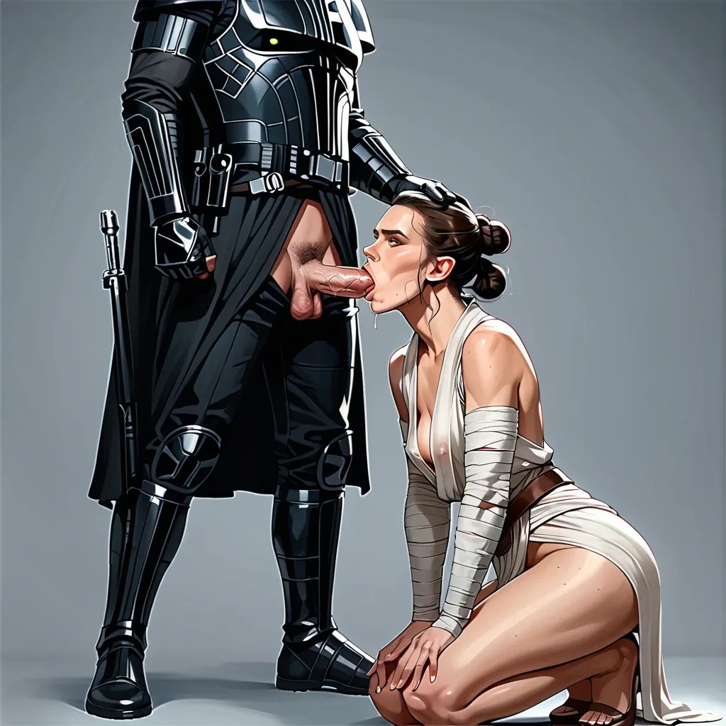 2girls, on knees,Princess leia Organa, rey Skywalker , on knees, Darth Vader ,standing, blowjob, bare dick, star wars, 2 girl blowjob,