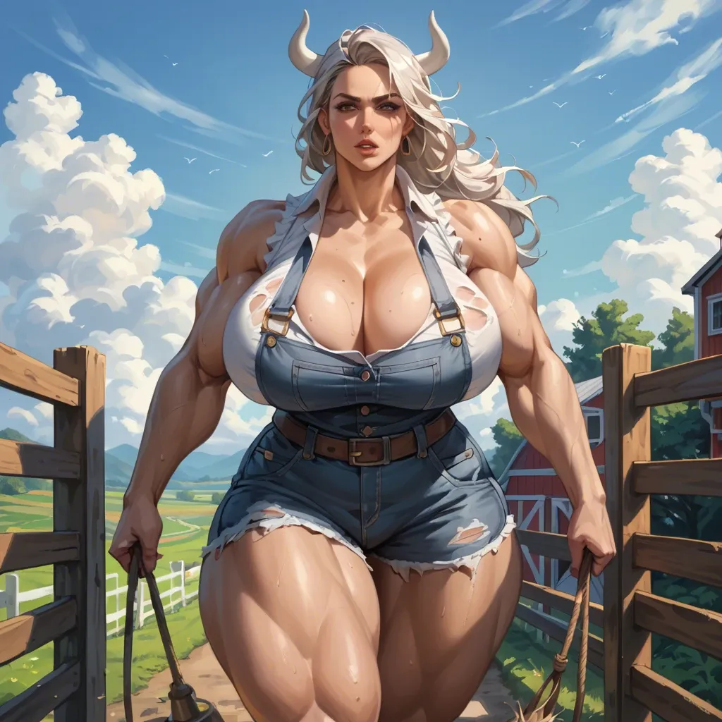 humanization of the cow, black wave hair, curvy cow milf 40 years old, curvy hot milf, juicy, muscular, mega large breasts, big hips, thick thighs, cleavage, gigantic breasts, large breasts, huge breasts,  farm clothes,   (((masterpiece))), (side view), she suck his penis, blowjob, deep fellatio, oral, oral cumshot, jerking, cum, cumshot, cum on face, cum on breasts, 1girl, 1boy, porn, sex, hentai