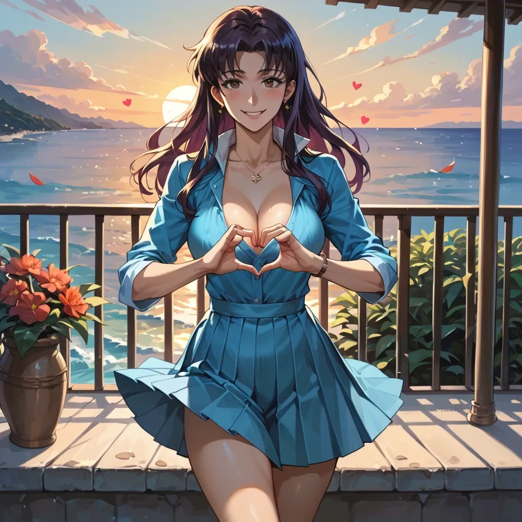 Misato Katsuragi, naughty smile, natural size 46 chest, pleated dress with cleavage, Heart Hands, dress and hair lifted by the wind, , standing on a terrace of the mediterranean coast, sunset, colorfull scene