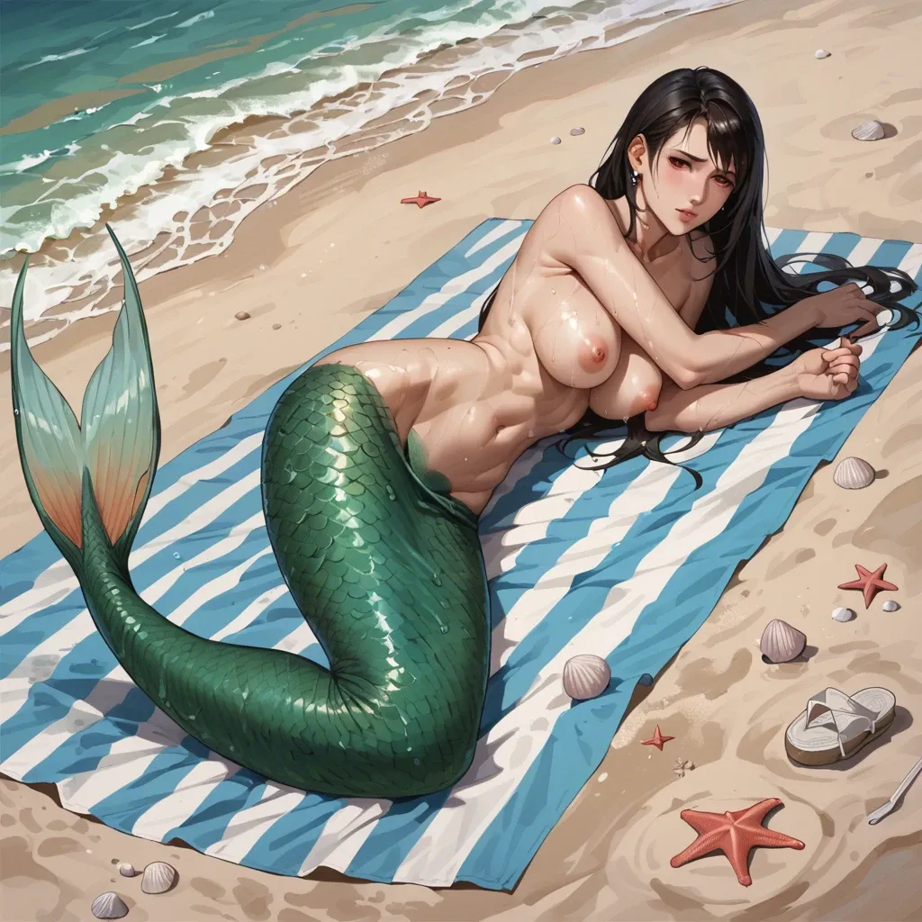 Tifa, Mermaid, wet skin, beach, full body, lying