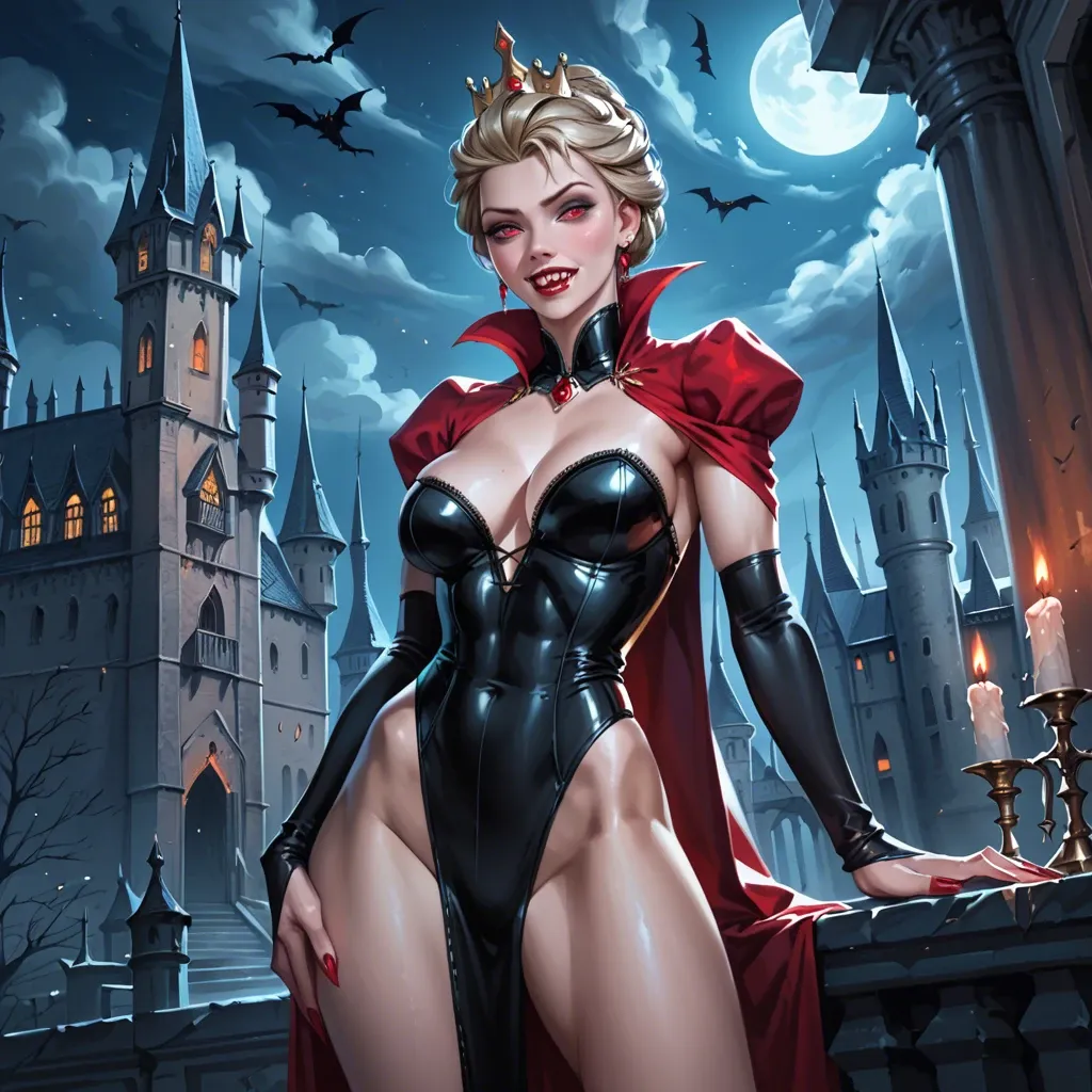 1girl,,,, anna frozen, vampire queen, sexy red/black clothes, fangs, athletic body, detailed face, dark atmosphere, night, castle, red eyes, standing