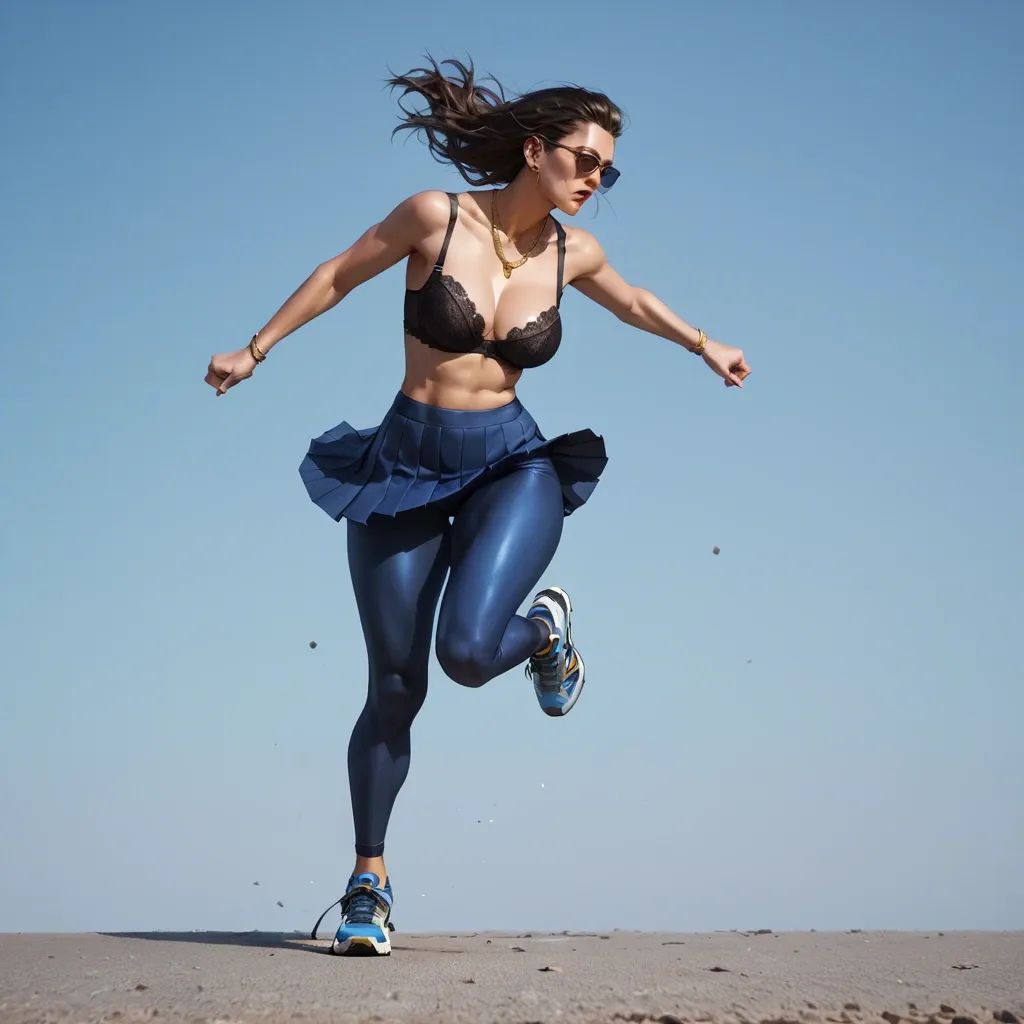 1girl,solo, , , , strong jawline,1 girl leg up,huge boobs,big hips,wide shoulders, pleated skirt,golden necklace,sunglasses,blue bodysuit,running shoes, shirt lifted up,black lace bra,earrings,pull wet bra,stiletto heels, royal bedroom, lake, spaceship, bed sheet, detailed irises, very dark skin, link, spider-gwen, ariel waifu