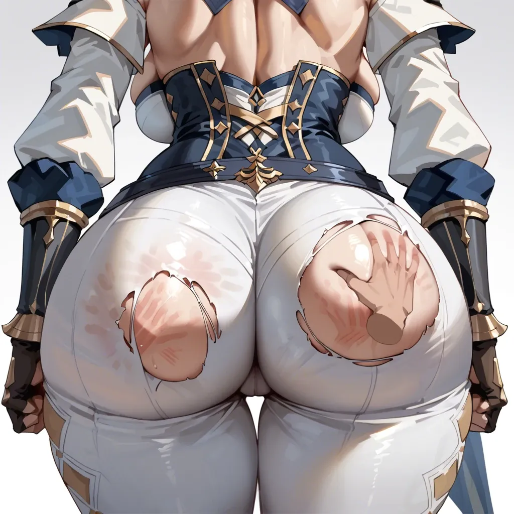 sattinittas, back view,  jean (genshin impact), standing, backboob, clothed, torn white pants, slap mark, huge breasts, huge ass, bubble butt, puffy thighs