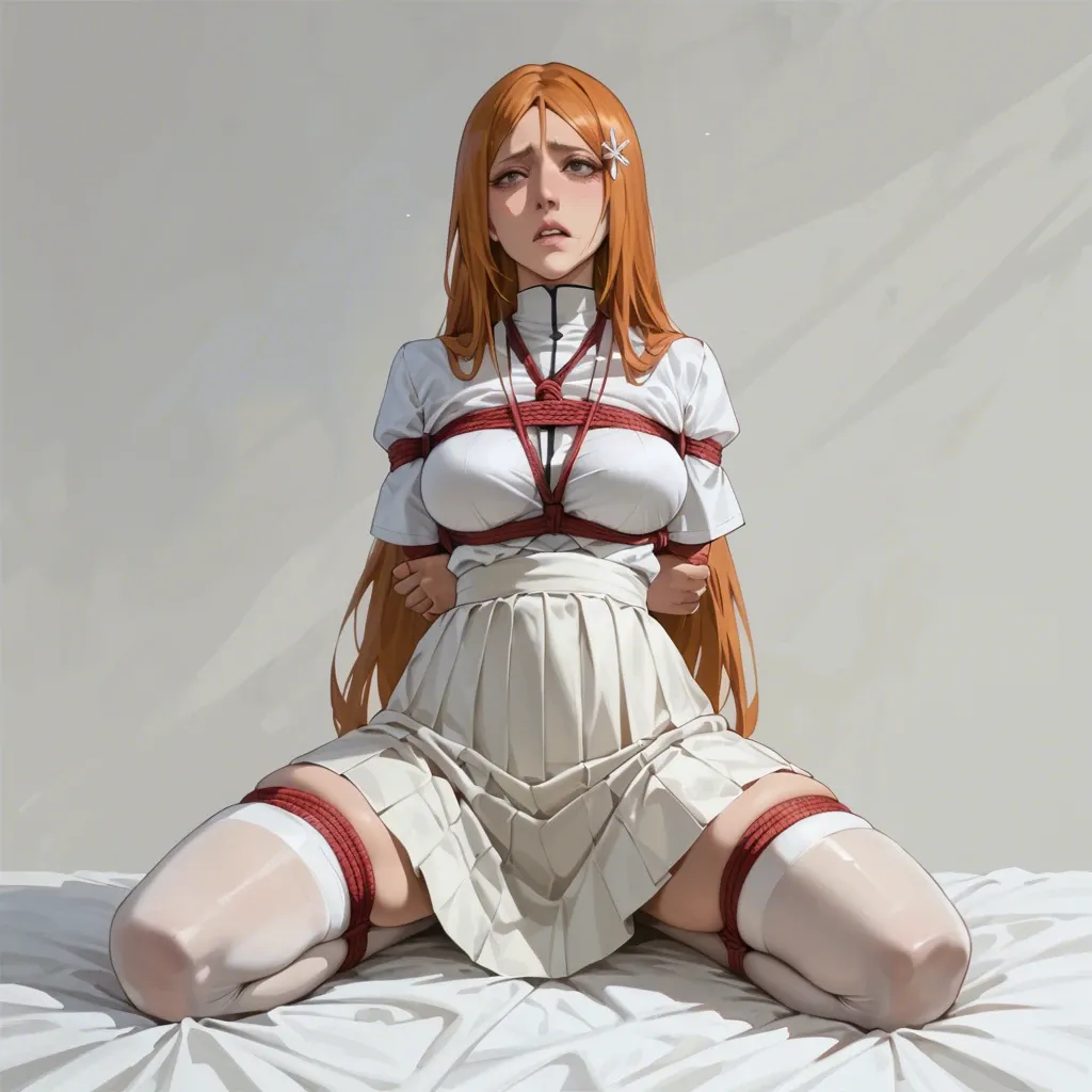 1girl, solo, (Character Orihime inoue from bleach: 1,1), embarrassing, in a white skirt, in a shirt, white stockings, body wrapped in rope, (kneeling), hands behind your back, front view