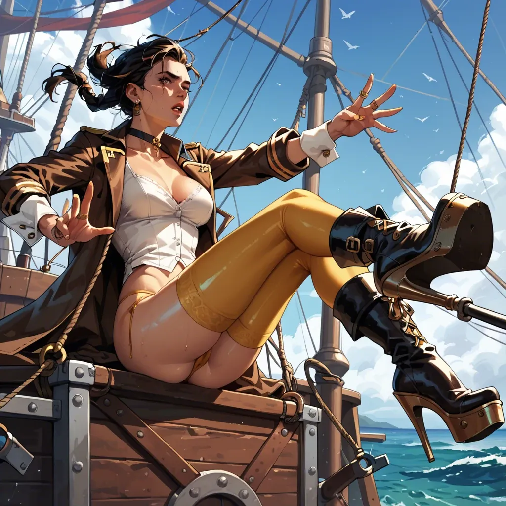 1girl,solo, , , , reaching out,handjob behind,perky breasts,pirate ship,wrist cuffs, shirt,leggings,bdsm choker,panties aside,black boots, brown jacket,gold stockings,rings,string bodysuit,platform heels, bare tits, is daphne blake, castle, bedroom eyes, live realistic, dark hair, princess peach, anna hair