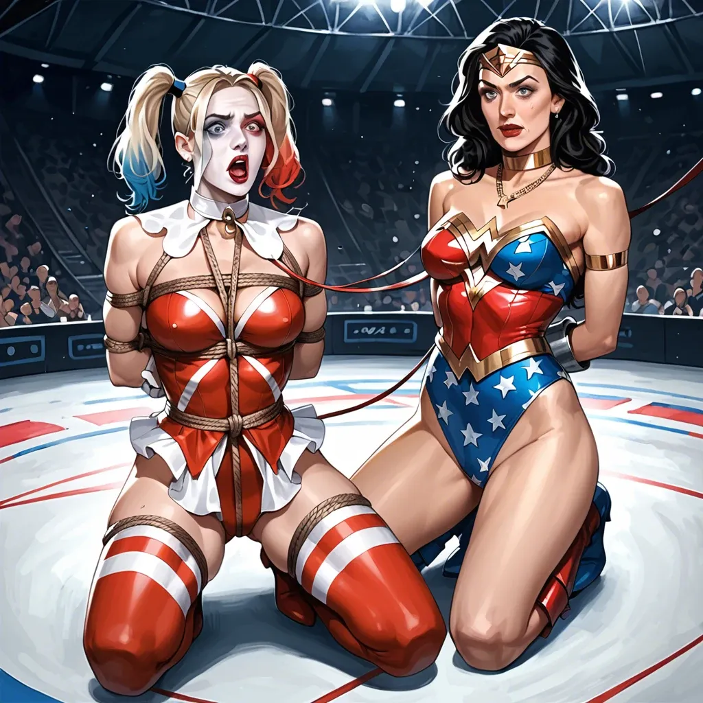 2girls,,, Gal Gadot, anime, Harley quinn classic costume, on knees, in roman colosseum, rope tied, bondage, timid face, arms tied back, necklace,  leash, Margot Robbie, Wonder woman classic costume, chained, surprised face,