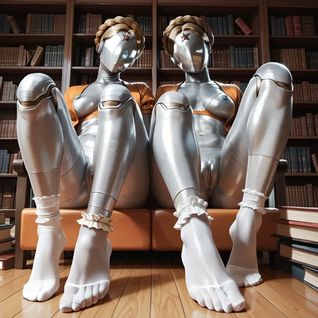 twin sisters,atomic heart,library,Lace ruffle frilly ankle nylon sock,android,camel toe,foot,silver skin