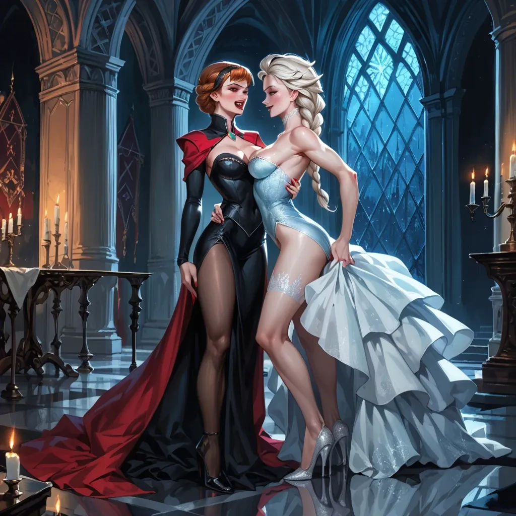 2girls,,,, anna frozen, elsa frozen, vampire queens, sexy red/black clothes, fangs, athletic body, detailed face, dark atmosphere, night, castle, red eyes, standing, passionately kissing,full body view