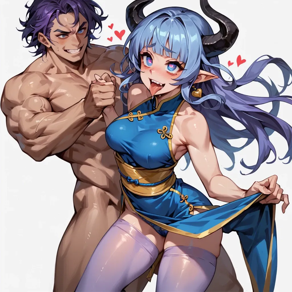 Demon princess with big eyes, bright blue eyes, heart shaped pupils, standing fuck facing camera, creampi, boob out, smiling ahegao with tears, lavender color tights, gold chinese martial arts dress and blue lingerie underwear, multi color hair with purple highlights and braided pigtails, pale red skin with blue markings and face freckle, big boobs, big ass, long arm sleeves, in forest