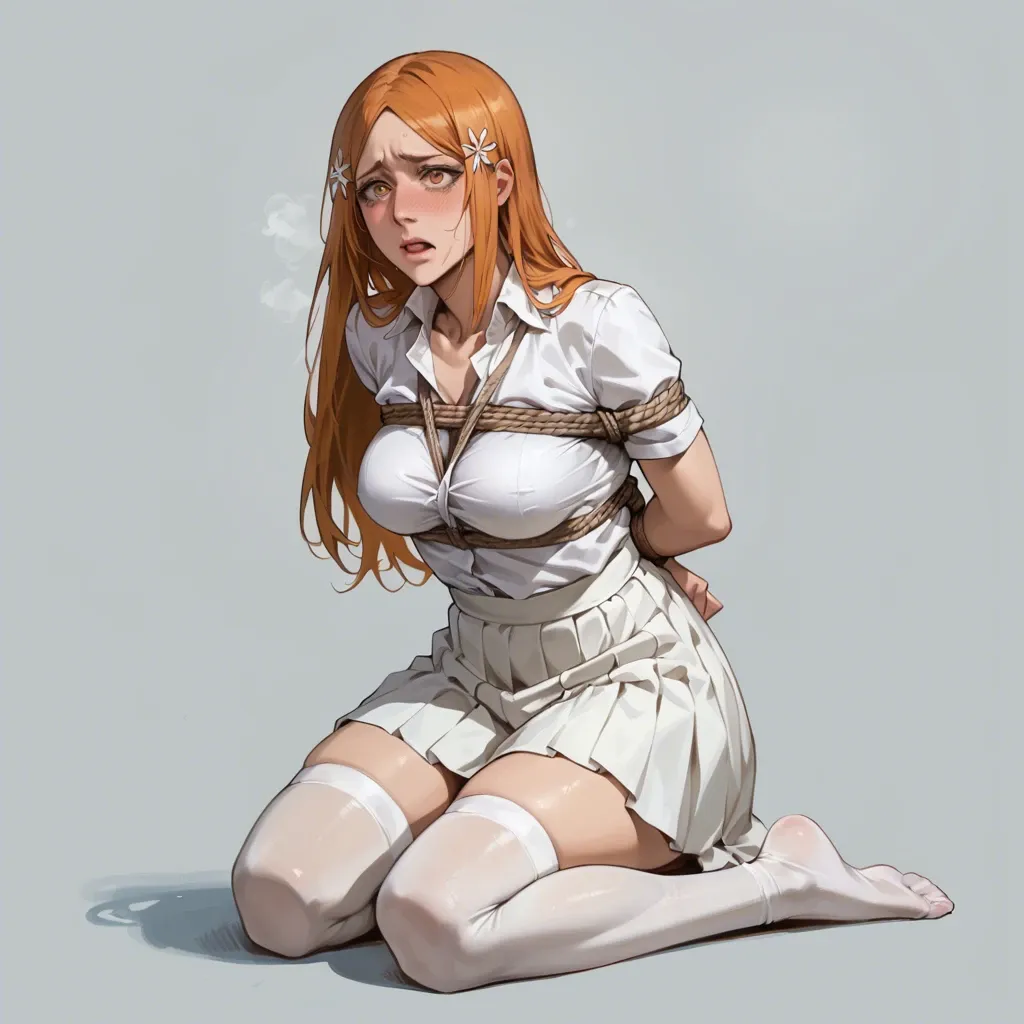 1girl, solo, (Character Orihime inoue from bleach), embarrassing, in a white skirt, in a shirt, white stockings, body wrapped in rope, (kneeling), hands behind your back