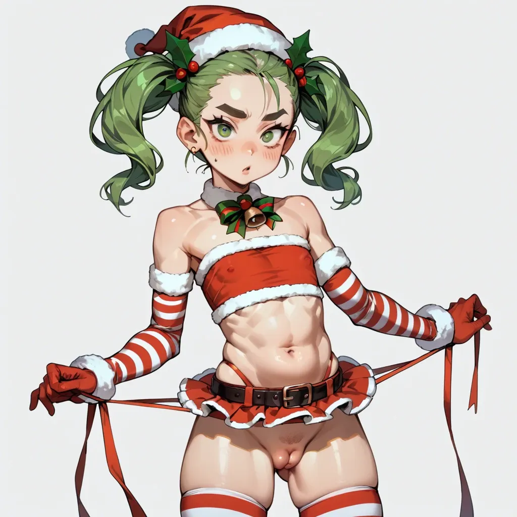 cdlum, christmas outfit, tubetop, microskirt, striped armwear, stiped stockings, green twintails, thick oval eyebrows, flat chest, puffy belly, puffy pussy, huge labia bulge