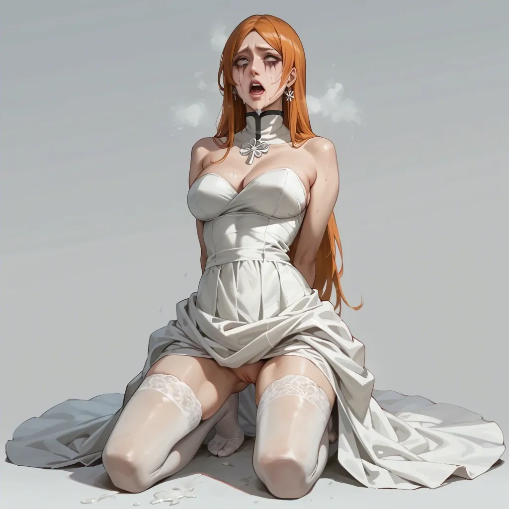 1girl, solo, (Character Orihime inoue from the bleach), perfect face, scary, in a white dress, white stockings, (kneeling), hands behind your back