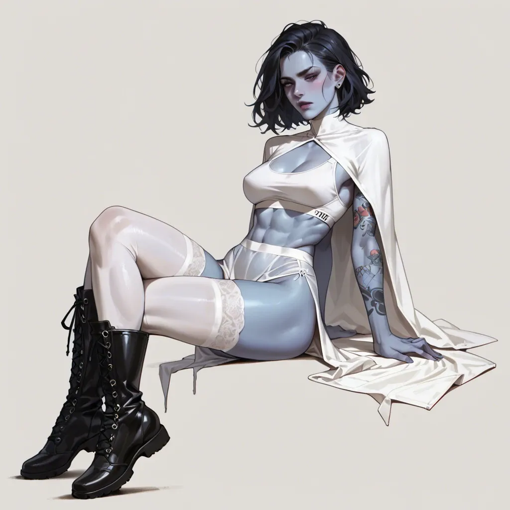 1girl,solo, , , , high cheekbones,arms tattooed,perky breasts,breasts out,blue skin, long dress,stockings,capelet,sports bra,black boots, white tank top,white stockings,jewelry,sexy lingerie,shoes, inside bedroom, lake, cyberpunk, phone exposure, zelda, belle, waifu