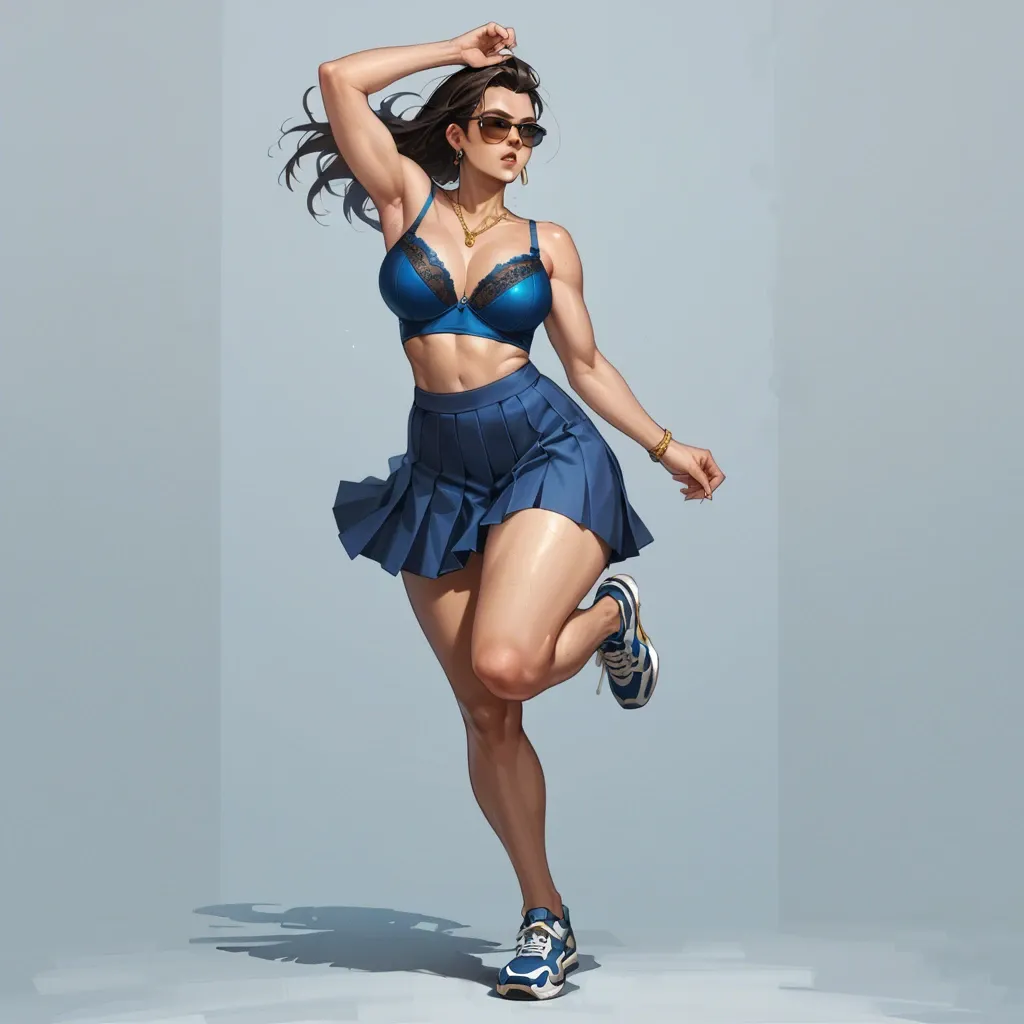 1girl,solo, , , , strong jawline,1 girl leg up,huge boobs,big hips,wide shoulders, pleated skirt,golden necklace,sunglasses,blue bodysuit,running shoes, shirt lifted up,black lace bra,earrings,pull wet bra,stiletto heels, royal bedroom, lake, spaceship, bed sheet, detailed irises, very dark skin, link, spider-gwen, ariel waifu naked