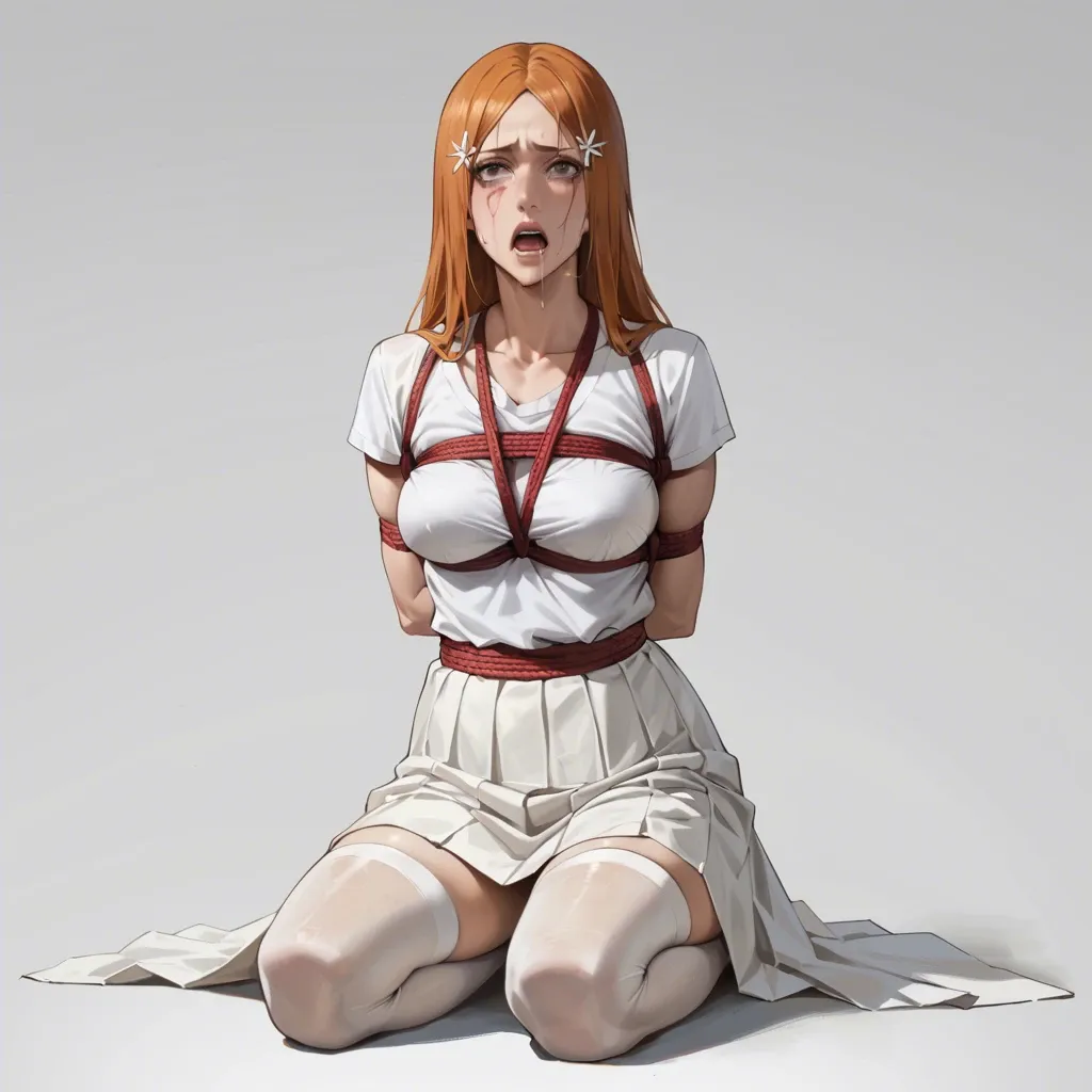 1girl, solo, (Character Orihime inoue from bleach), scary, in a white skirt, in a shirt, white stockings, body wrapped in rope, (kneeling), hands behind your back, manga