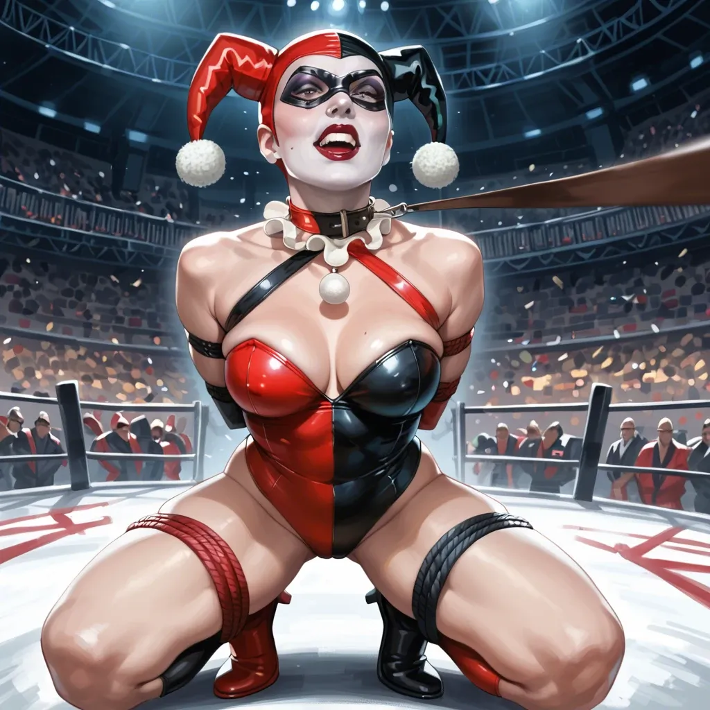 2girl, solo,,, Harley Quinn, anime, Harley quinn classic costume, on knees, in roman colosseum, rope tied, bondage, timid face, arms tied back, necklace,  leash, Gal Gadot,