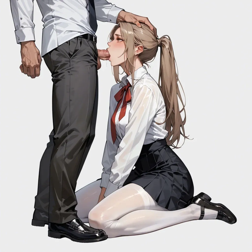 girl, light-brown long ponytail hair, white Tights, black shoes, white shirt with long sleeve, black skirt, blowjob