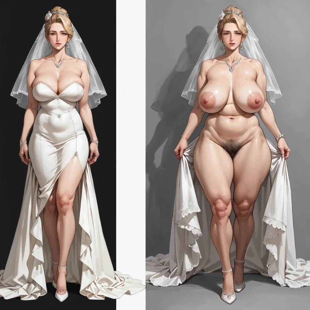 Blonde, milf, wedding dress, before & after, hairy, pawg, saggy tits, super thick legs, long legs, realistic