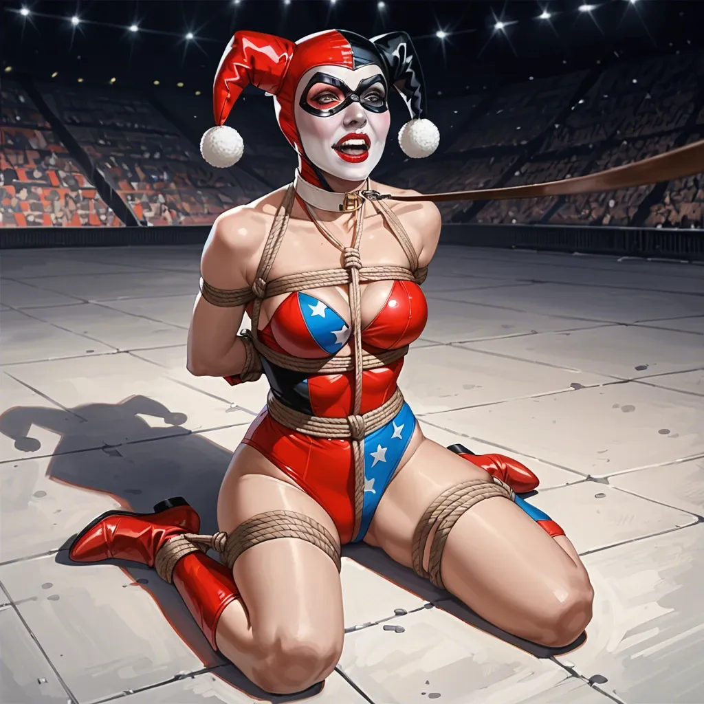 2girl, solo,,, Harley Quinn, anime, Harley quinn classic costume, on knees, in roman colosseum, rope tied, bondage, timid face, arms tied back, necklace,  leash, Gal Gadot, Wonder woman classic costume, chained in a column, surprised face,