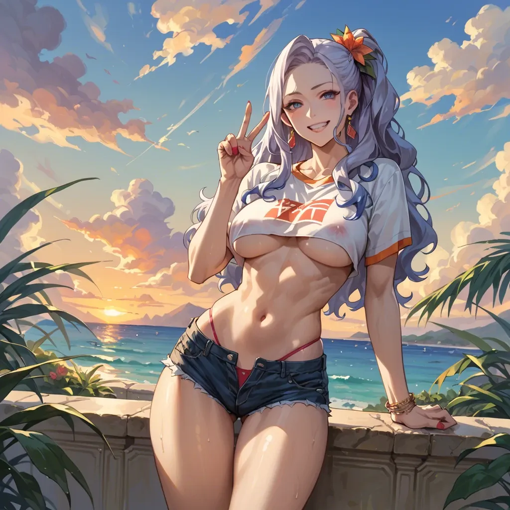 Mirajane Strauss, V victory sign, naughty smile, underboobs, standing on a terrace of the mediterranean coast, sunset, colorfull scene