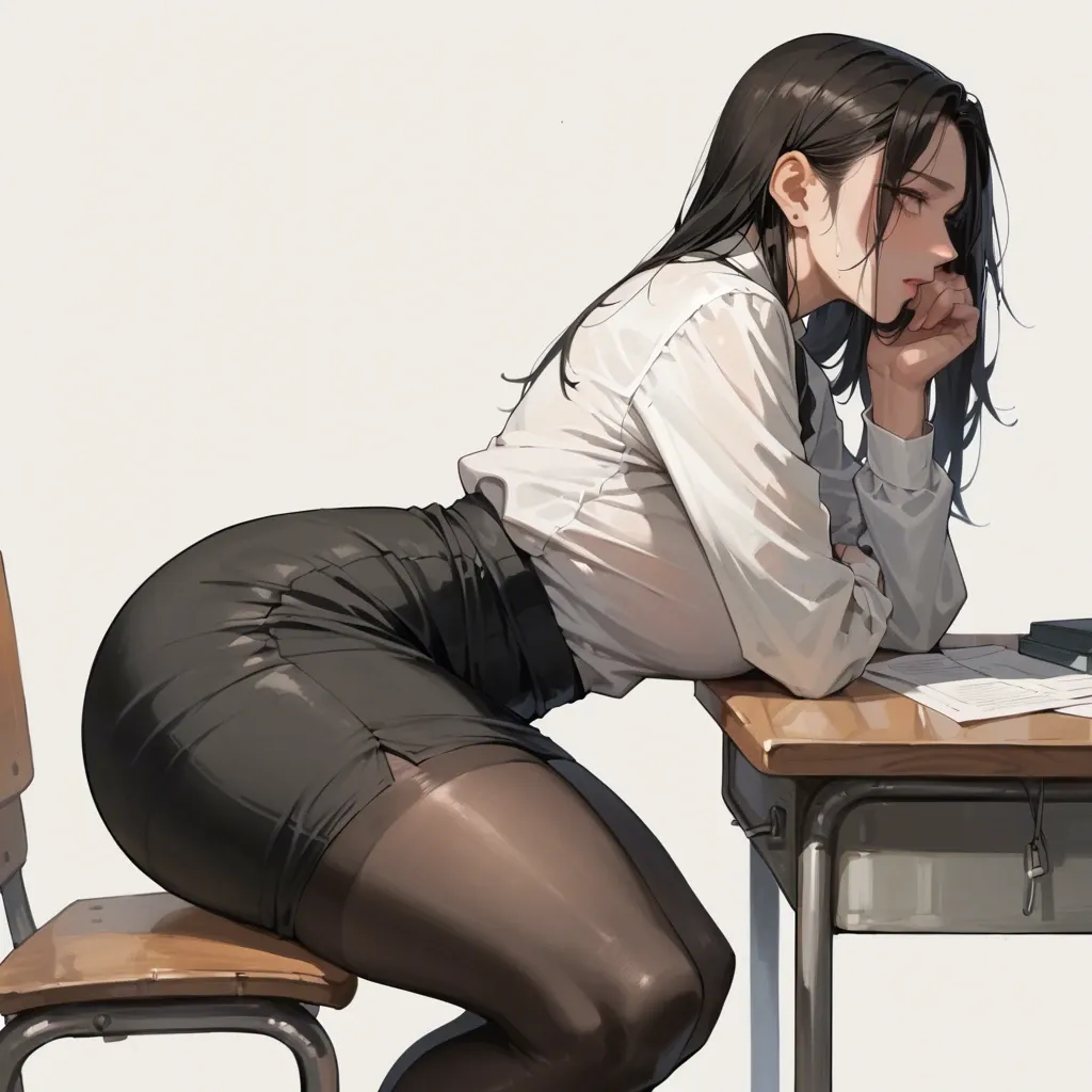 Huge hips, thick hips, huge boobs, black long sleeve, cute, black tights, sitting at desk, side view