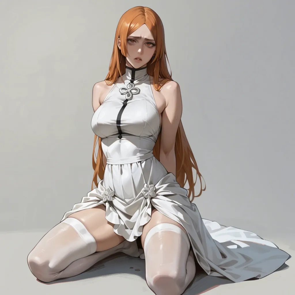 1girl, solo, (Character Orihime inoue from the bleach), perfect face, fear, in a white dress, white stockings, (kneeling), hands behind your back