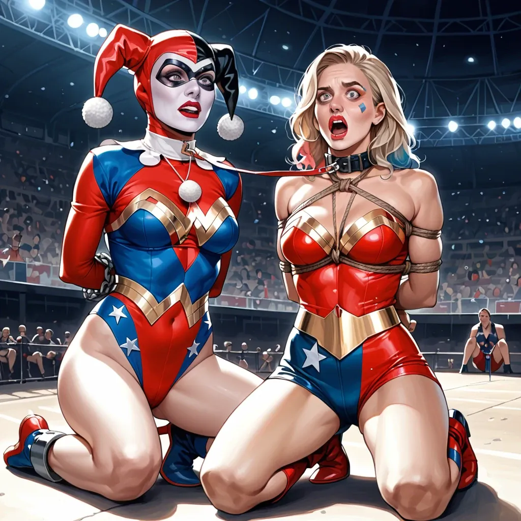 2girls,,, Margot Robbie, anime, Harley quinn classic costume, surprised face, on knees, in roman colosseum, rope tied, bondage, timid face, arms tied back, necklace,  leash, GalGadot, Wonder woman classic costume, chained, surprised face,